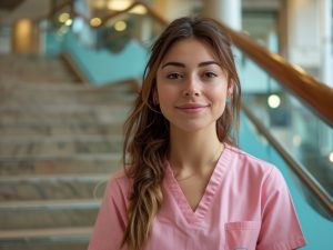 an attractive female nurse in pink uniform standing on stairs