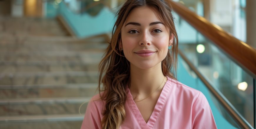 an attractive female nurse in pink uniform standing on stairs